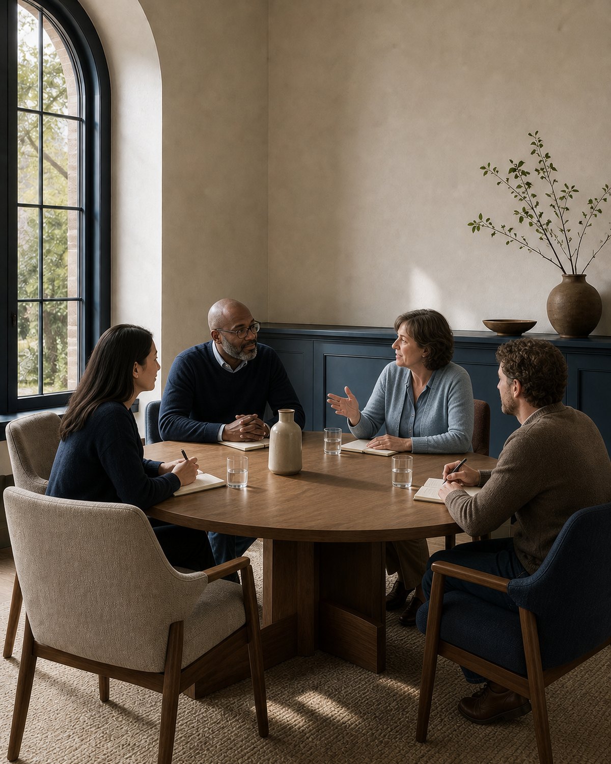 Four people in conversation around a shared meeting table.