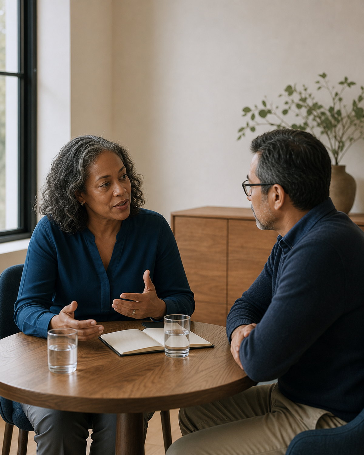 Two people having a thoughtful conversation at a table.
