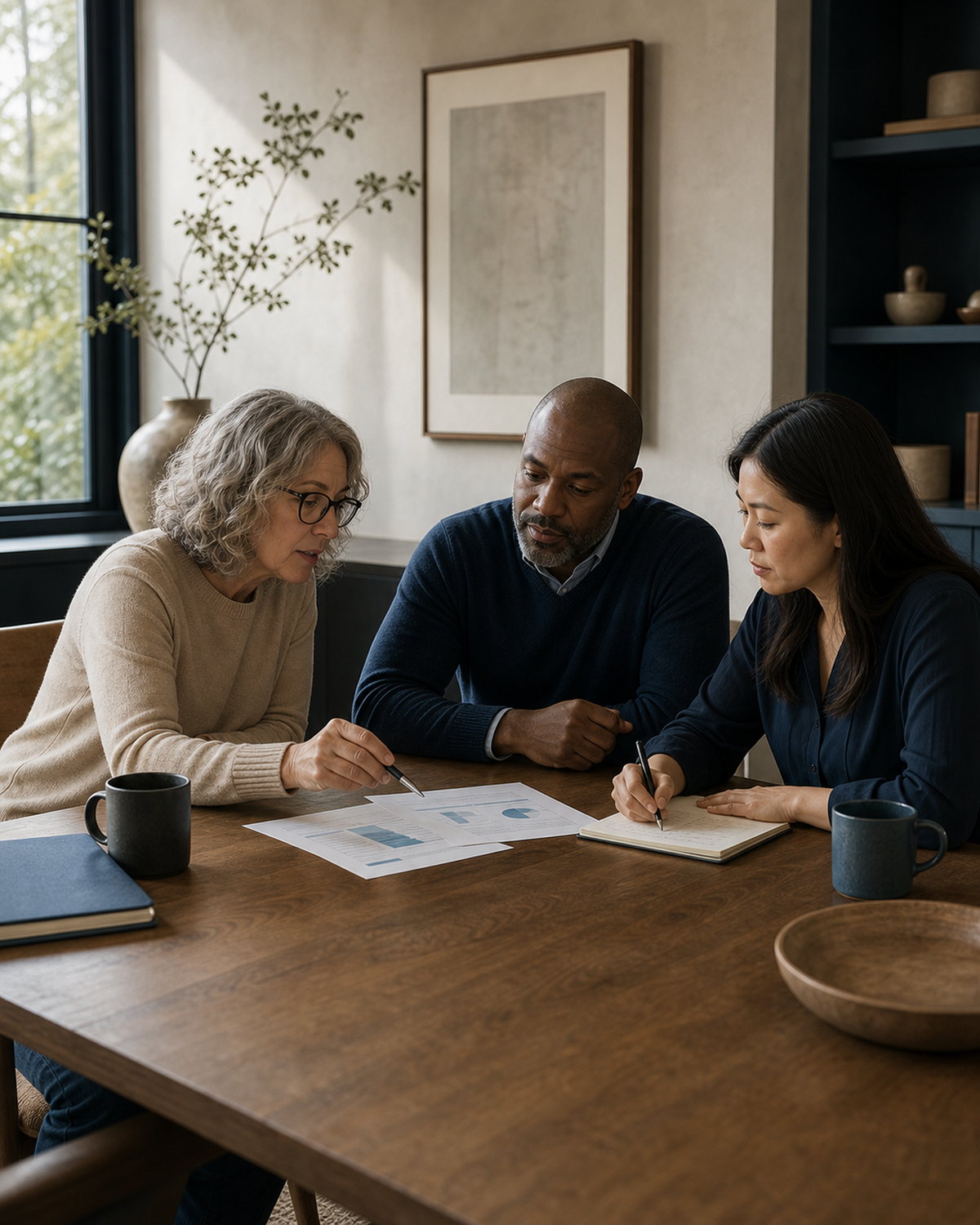 Three professionals reviewing a plan together around a table.